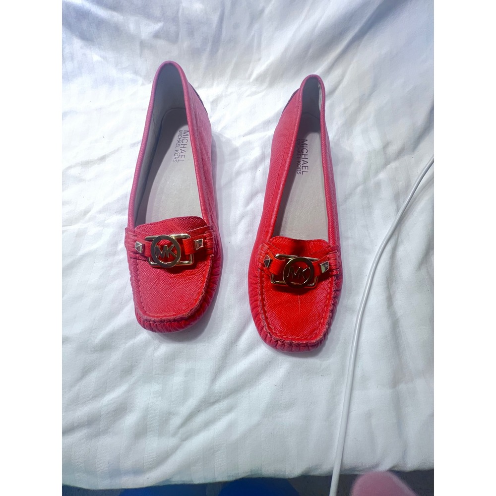 Michael Kors Fulton Moc Red Saffiano Leather Gold Logo Flats Shoes ME13J Size 5M